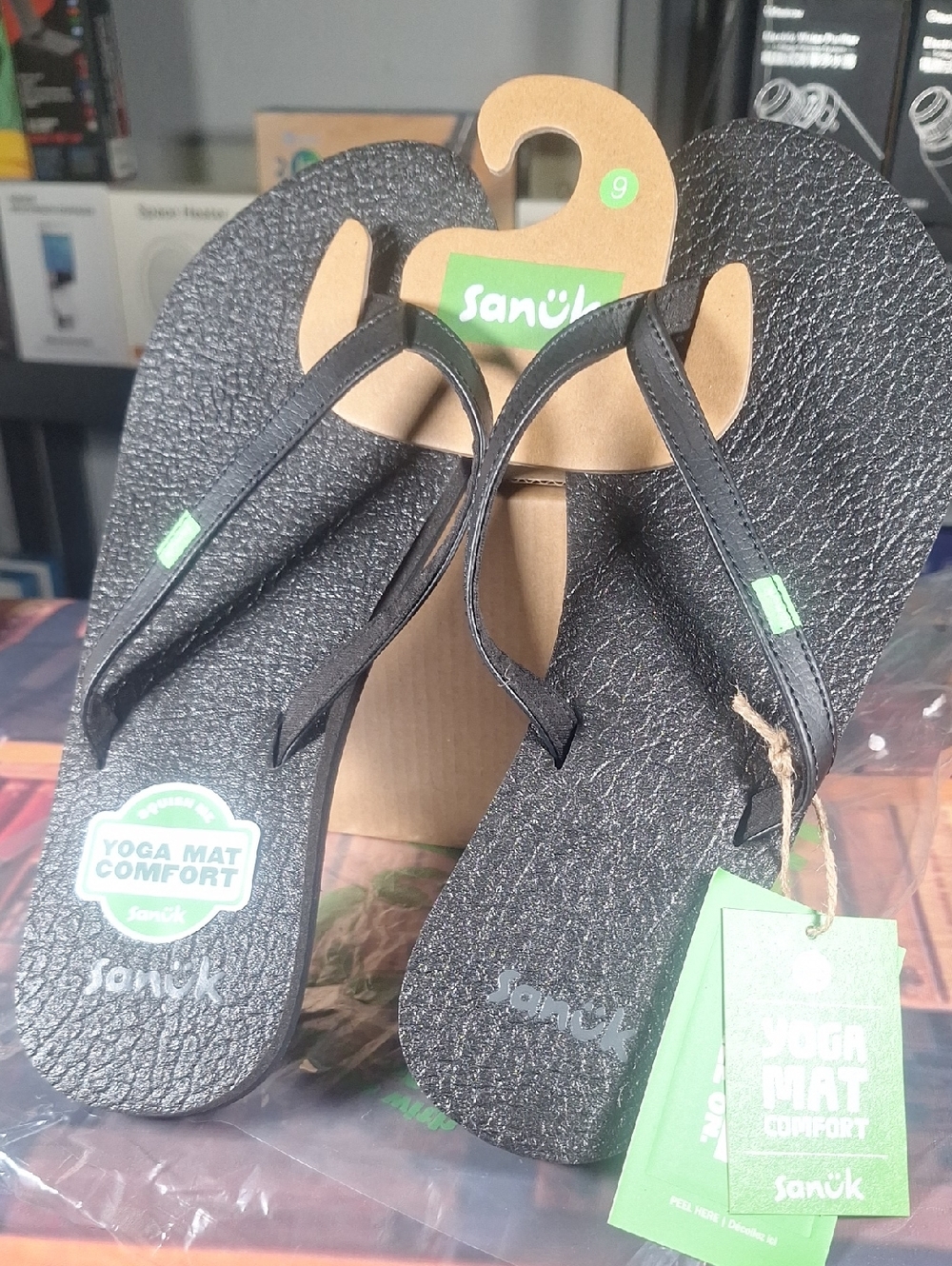 Sanuk Black Flip Flop Sandals with Green Accents
